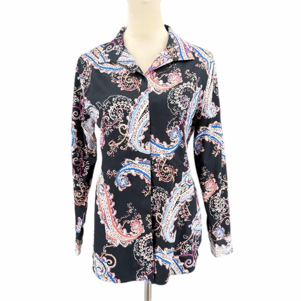 Chico’s Sz 1 Med Black Paisley No Iron 100% Cotton Long Sleeve Button Down Top